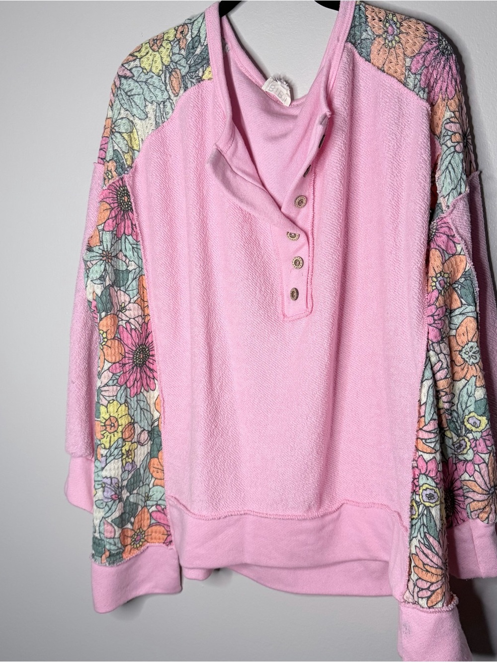 BiBi Pink Henley Sweatshirt with Floral Sleeve Panels